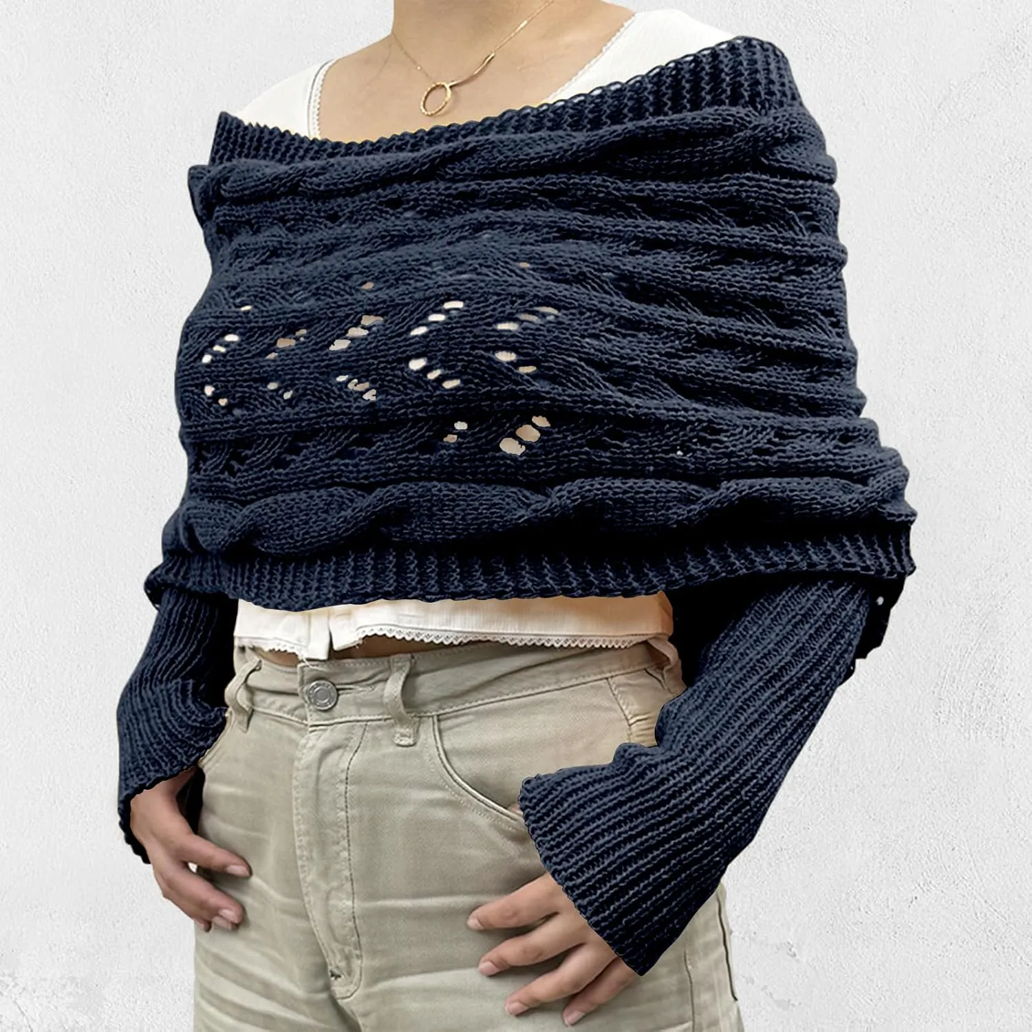 ACOSAP Scarf with Sleeves for Women, Knitted Cable Wrap, Multifunctional Knitted Crochet Shrugs, Double Sleeve Scarf Wrap