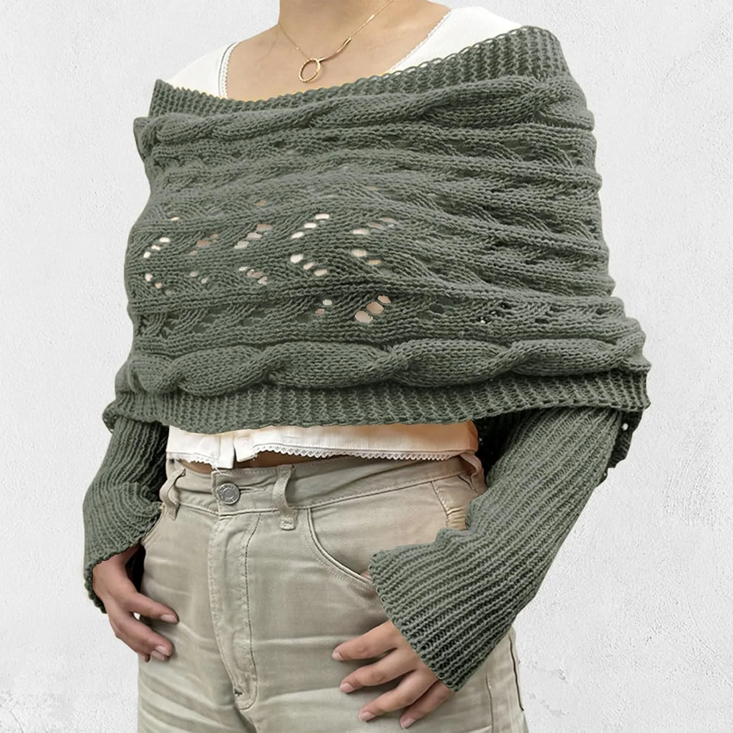 ACOSAP Scarf with Sleeves for Women, Knitted Cable Wrap, Multifunctional Knitted Crochet Shrugs, Double Sleeve Scarf Wrap