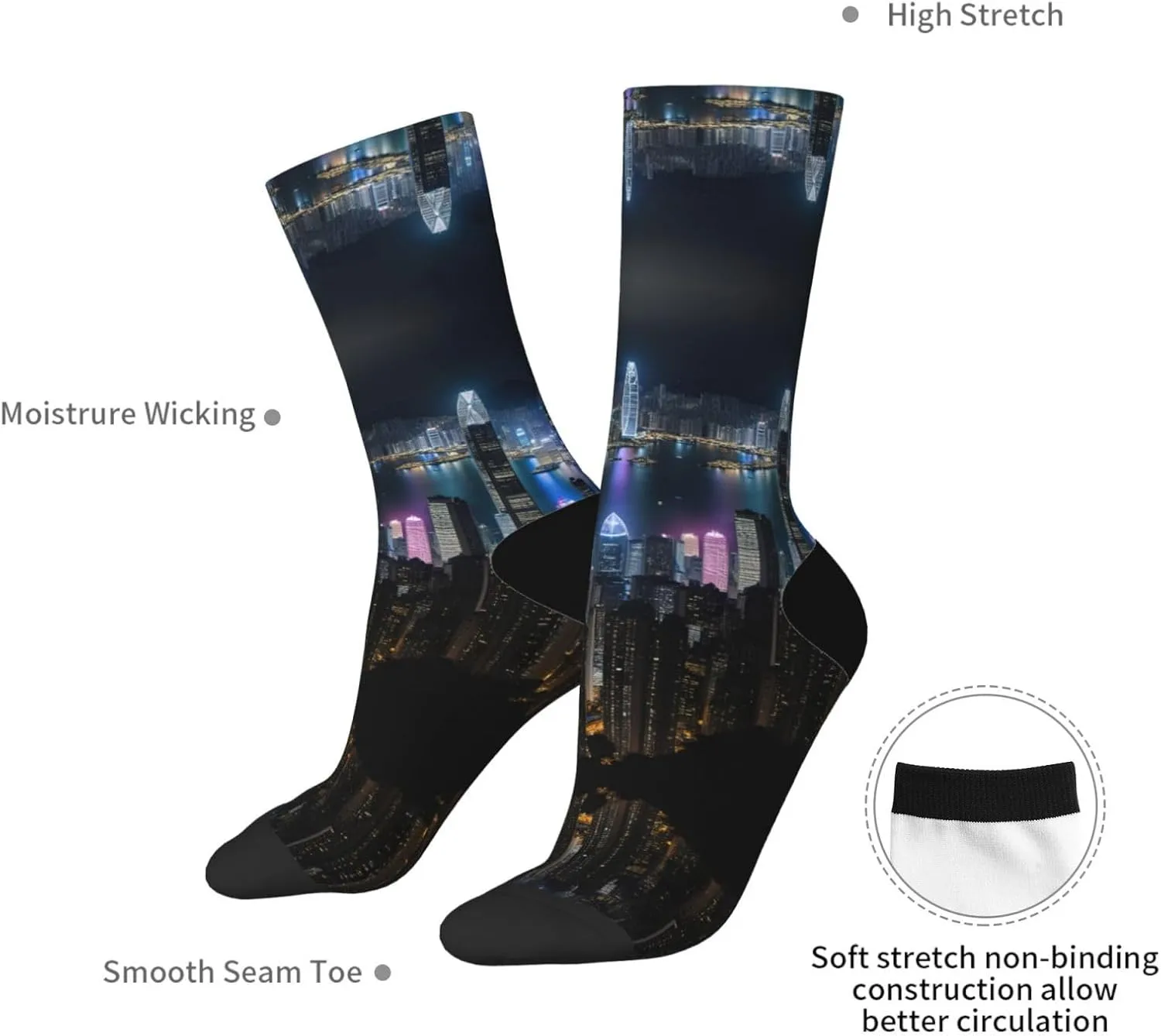 Aerial Night Of View Hong Kong Print Fun Contrast Socks,Novel Crazy Cool Socks,Pattern Funky Novelty Socks,Unisex Bulk Socks