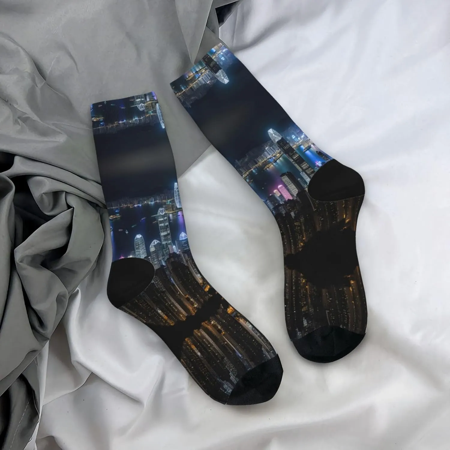 Aerial Night Of View Hong Kong Print Fun Contrast Socks,Novel Crazy Cool Socks,Pattern Funky Novelty Socks,Unisex Bulk Socks