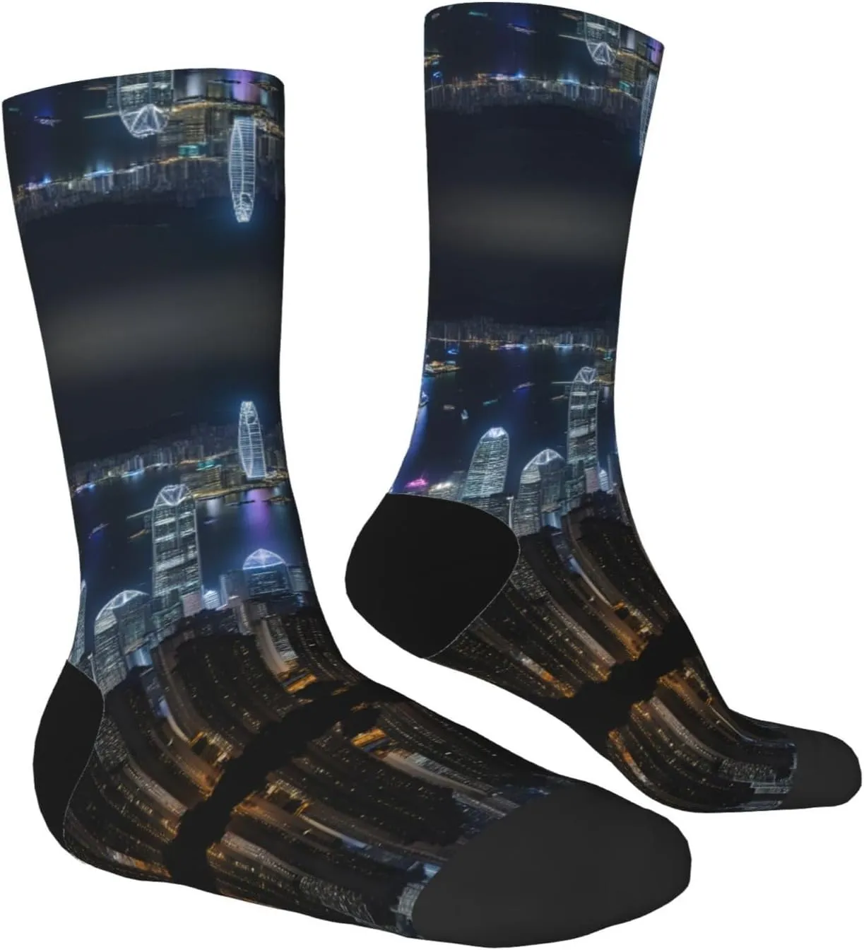 Aerial Night Of View Hong Kong Print Fun Contrast Socks,Novel Crazy Cool Socks,Pattern Funky Novelty Socks,Unisex Bulk Socks