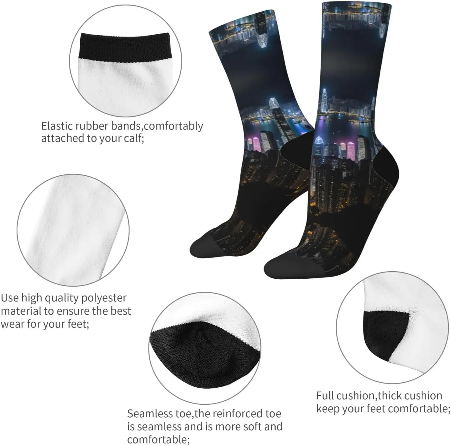Aerial Night Of View Hong Kong Print Fun Contrast Socks,Novel Crazy Cool Socks,Pattern Funky Novelty Socks,Unisex Bulk Socks