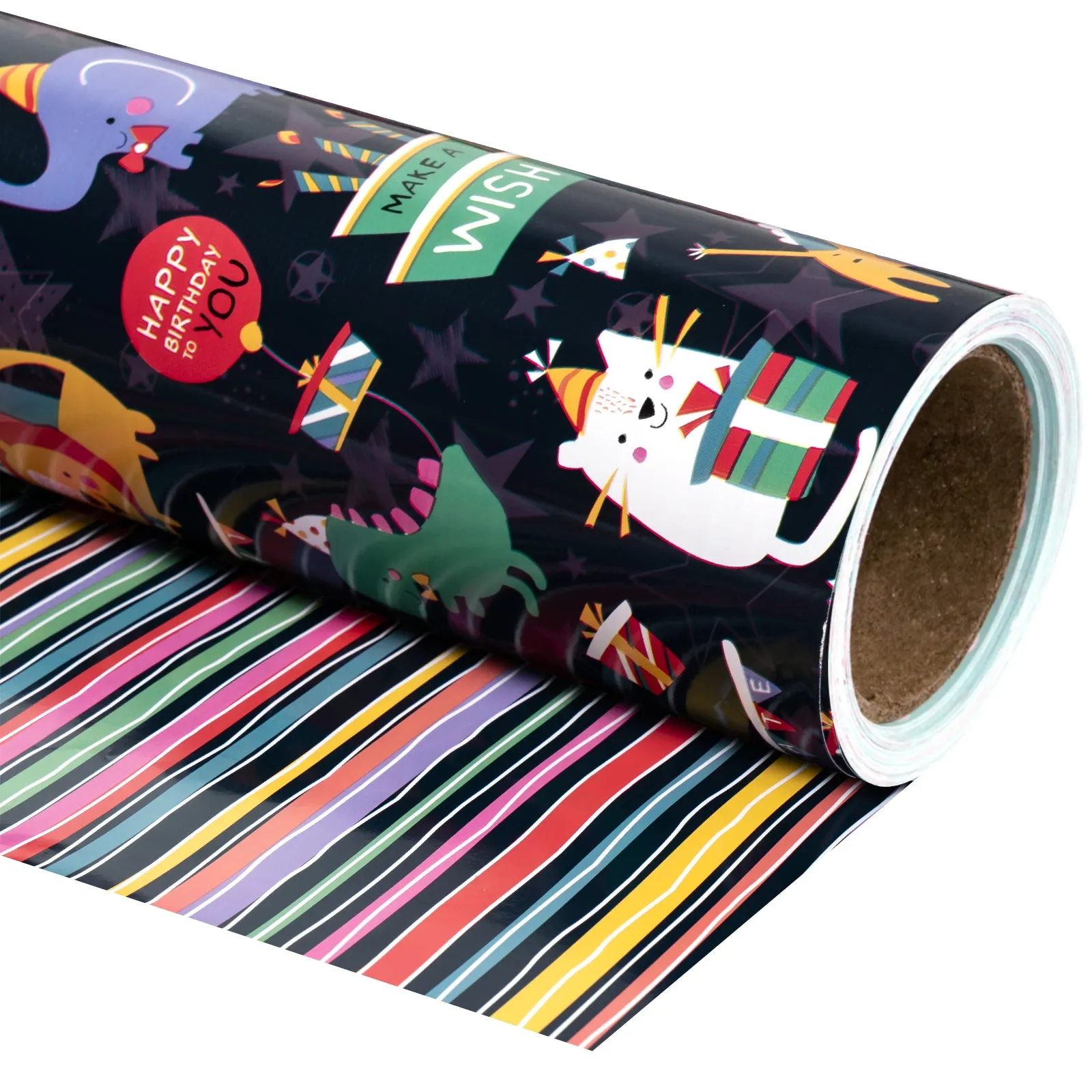 Animals Birthday Party Wrapping Paper with Color Stripe on Reverse