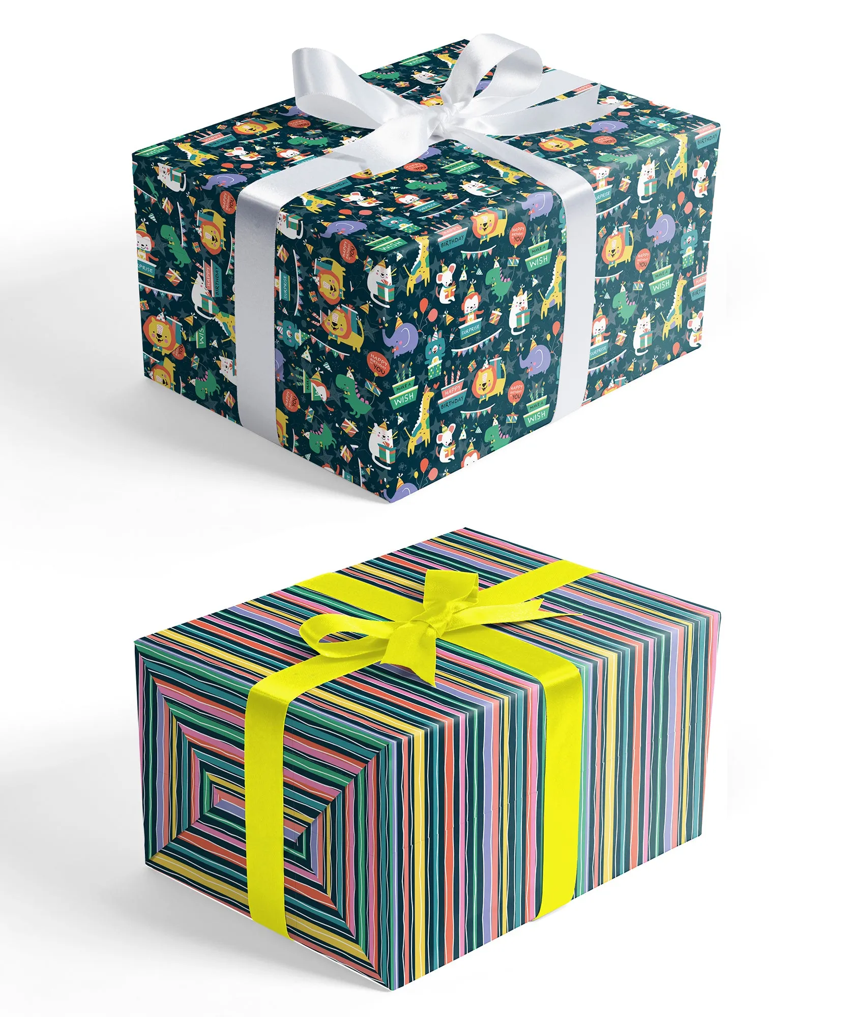 Animals Birthday Party Wrapping Paper with Color Stripe on Reverse