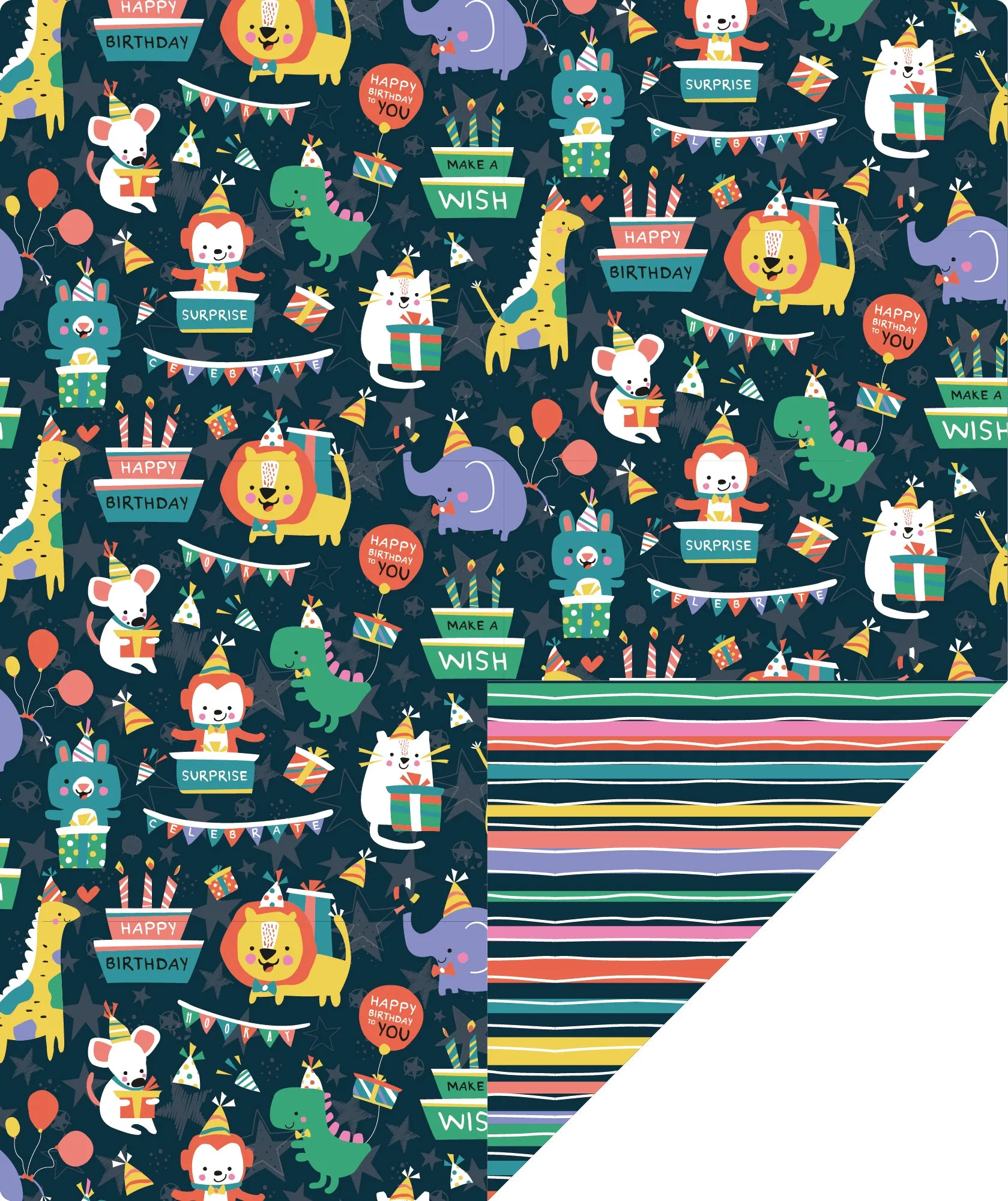 Animals Birthday Party Wrapping Paper with Color Stripe on Reverse