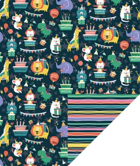 Animals Birthday Party Wrapping Paper with Color Stripe on Reverse