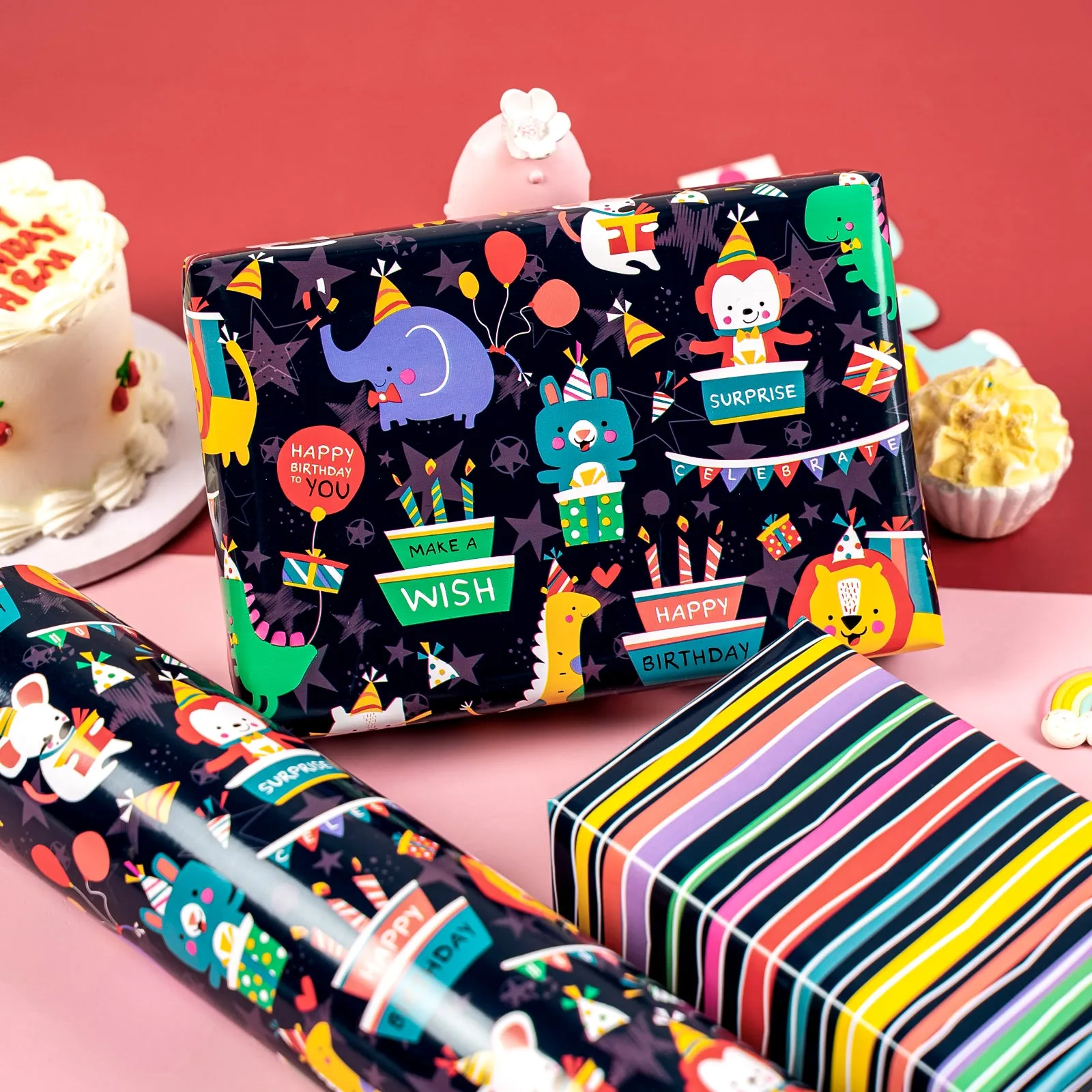 Animals Birthday Party Wrapping Paper with Color Stripe on Reverse