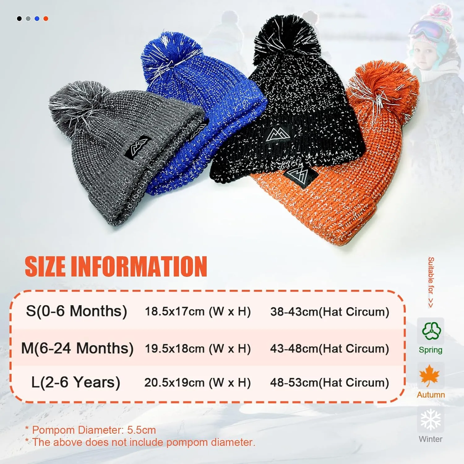 Baby Beanie Reflective Toddler Winter Hat Knitted Infant Beanies for Girls Boys Novelty Pom Pom Hats
