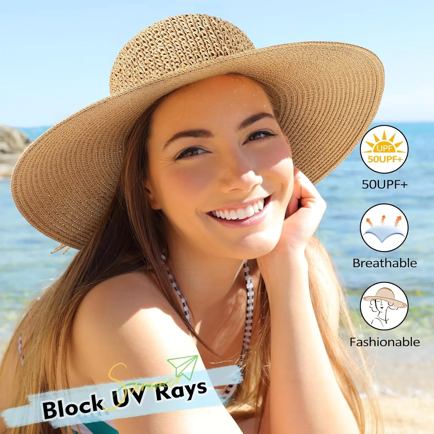 Beach Hats for Women - Straw Hat, Sun Hats for Women UPF 50  UV Protection, Beach Hat Packable Foldable