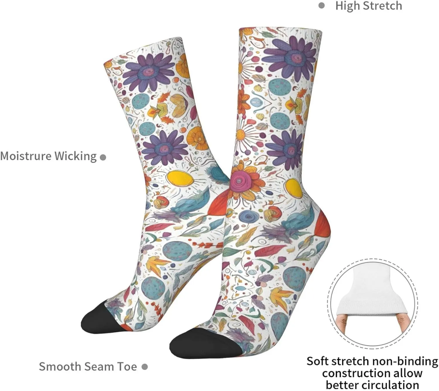 Colorful Hand Drawn Feathers On White Print Fun Socks,Novel Crazy Cool Socks,Pattern Funky Novelty Socks,Unisex Socks