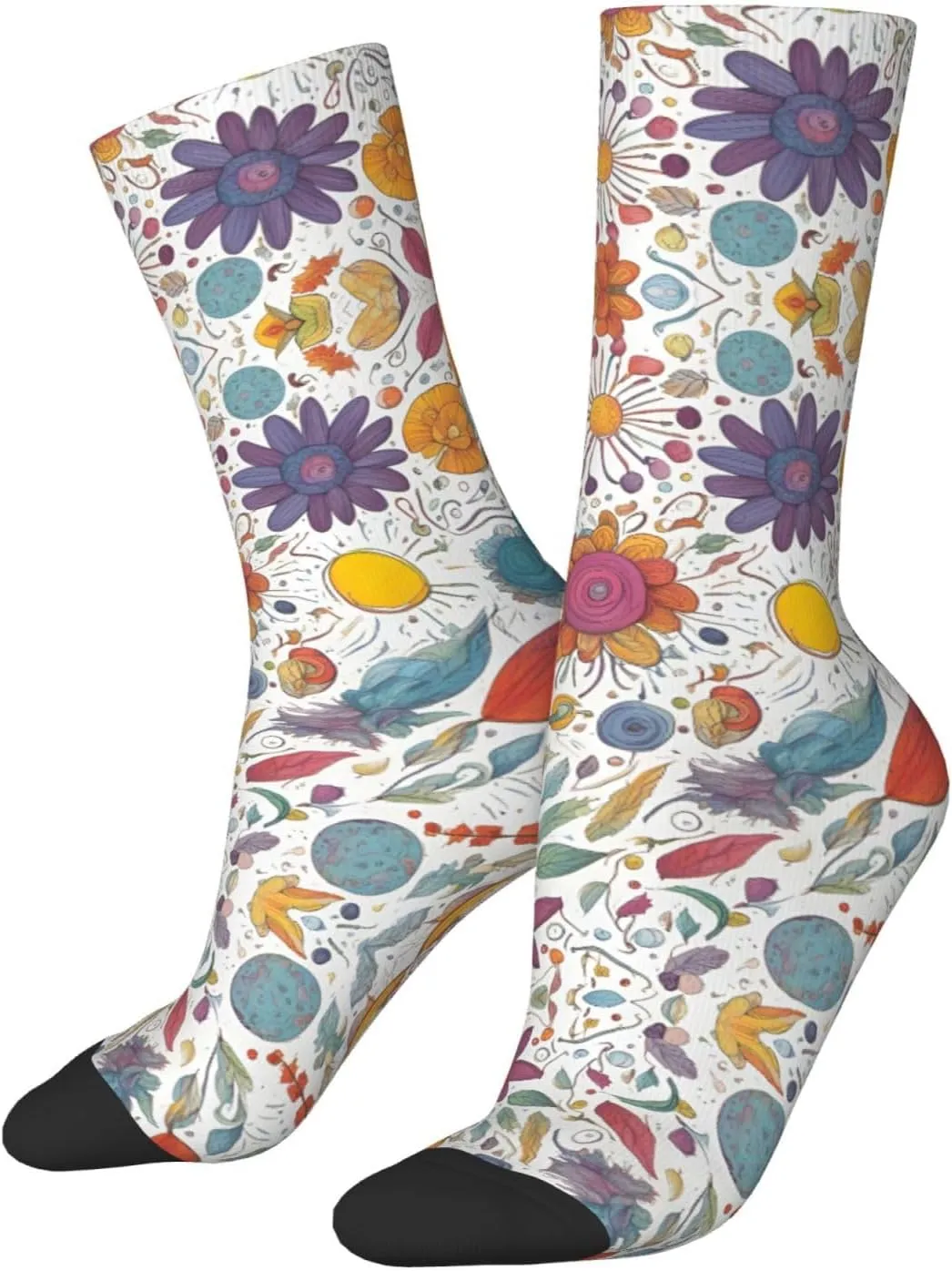 Colorful Hand Drawn Feathers On White Print Fun Socks,Novel Crazy Cool Socks,Pattern Funky Novelty Socks,Unisex Socks