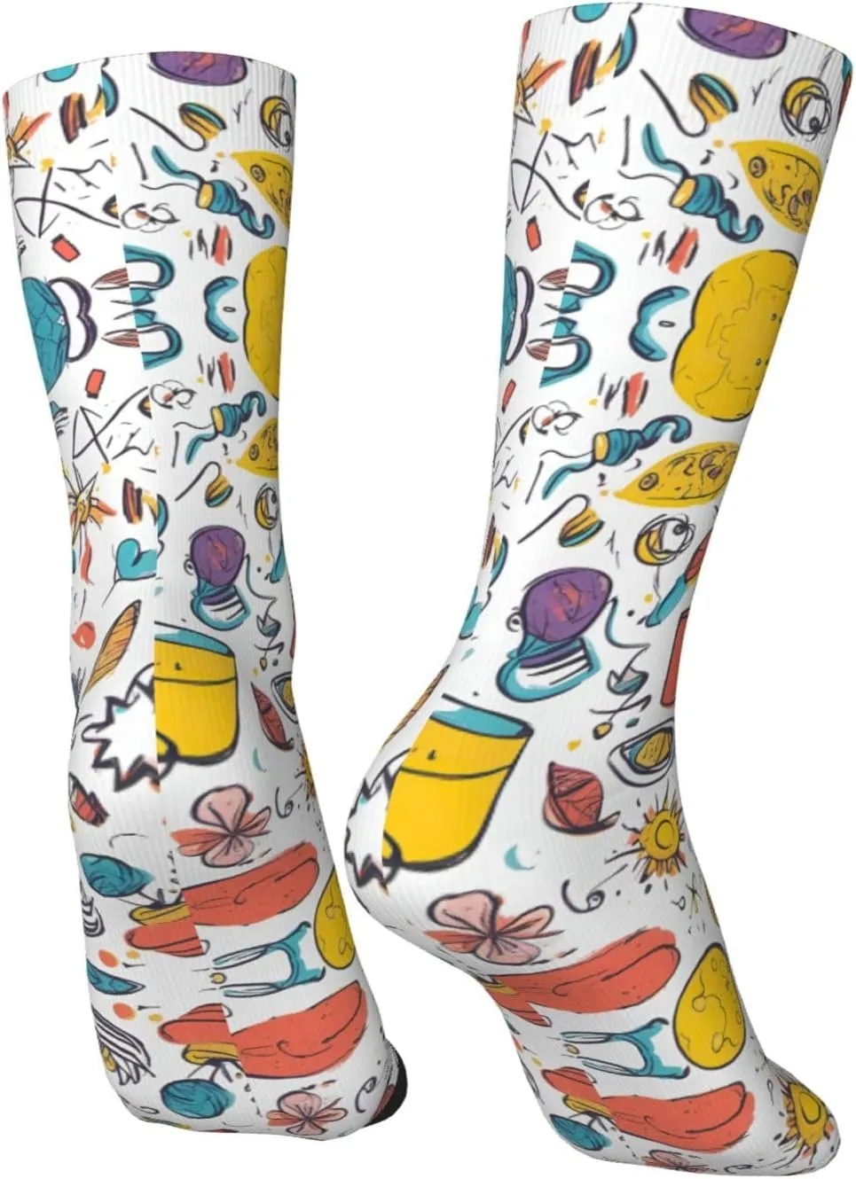 Colorful Hand Drawn Feathers On White Print Fun Socks,Novel Crazy Cool Socks,Pattern Funky Novelty Socks,Unisex Socks