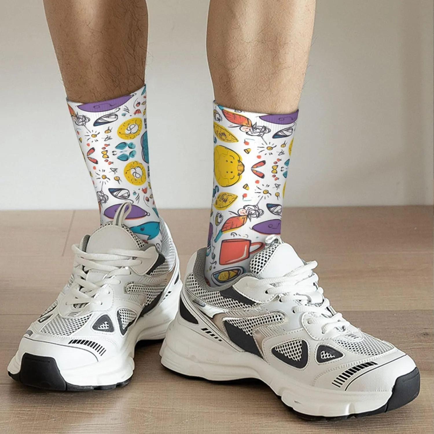 Colorful Hand Drawn Feathers On White Print Fun Socks,Novel Crazy Cool Socks,Pattern Funky Novelty Socks,Unisex Socks