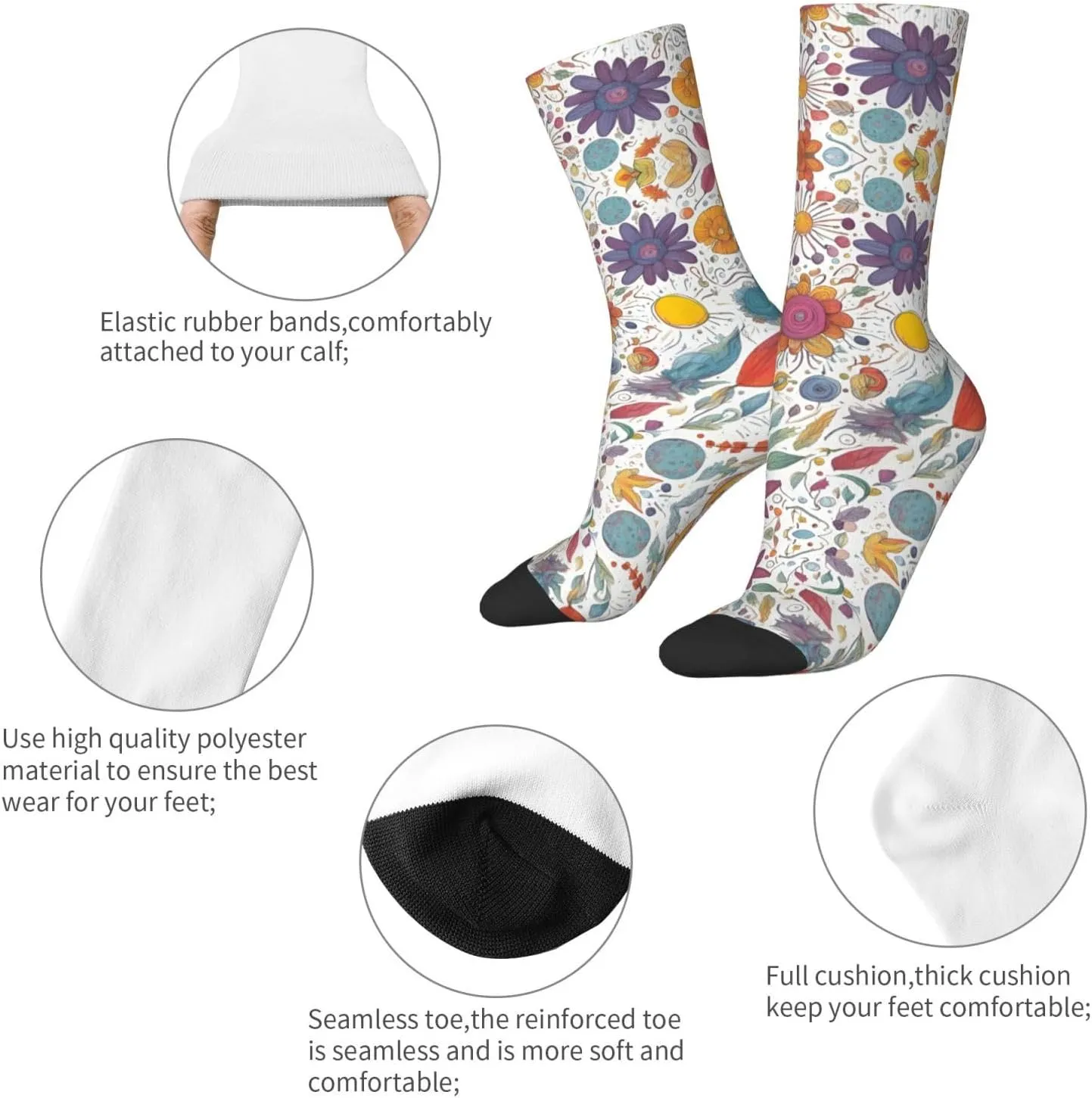 Colorful Hand Drawn Feathers On White Print Fun Socks,Novel Crazy Cool Socks,Pattern Funky Novelty Socks,Unisex Socks