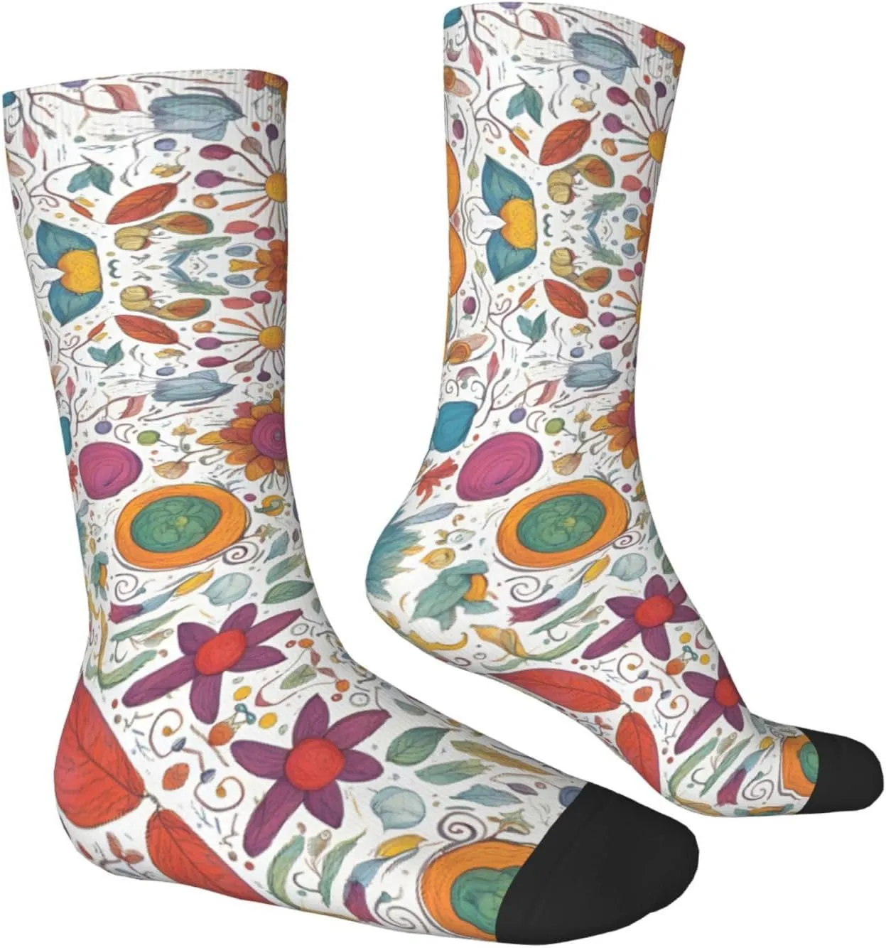 Colorful Hand Drawn Feathers On White Print Fun Socks,Novel Crazy Cool Socks,Pattern Funky Novelty Socks,Unisex Socks