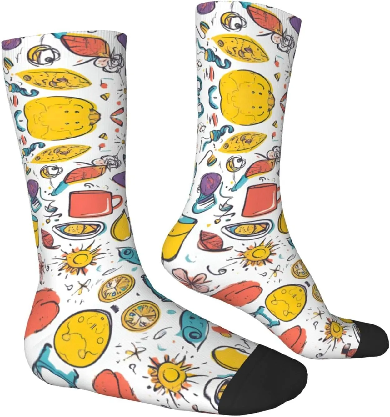 Colorful Hand Drawn Feathers On White Print Fun Socks,Novel Crazy Cool Socks,Pattern Funky Novelty Socks,Unisex Socks