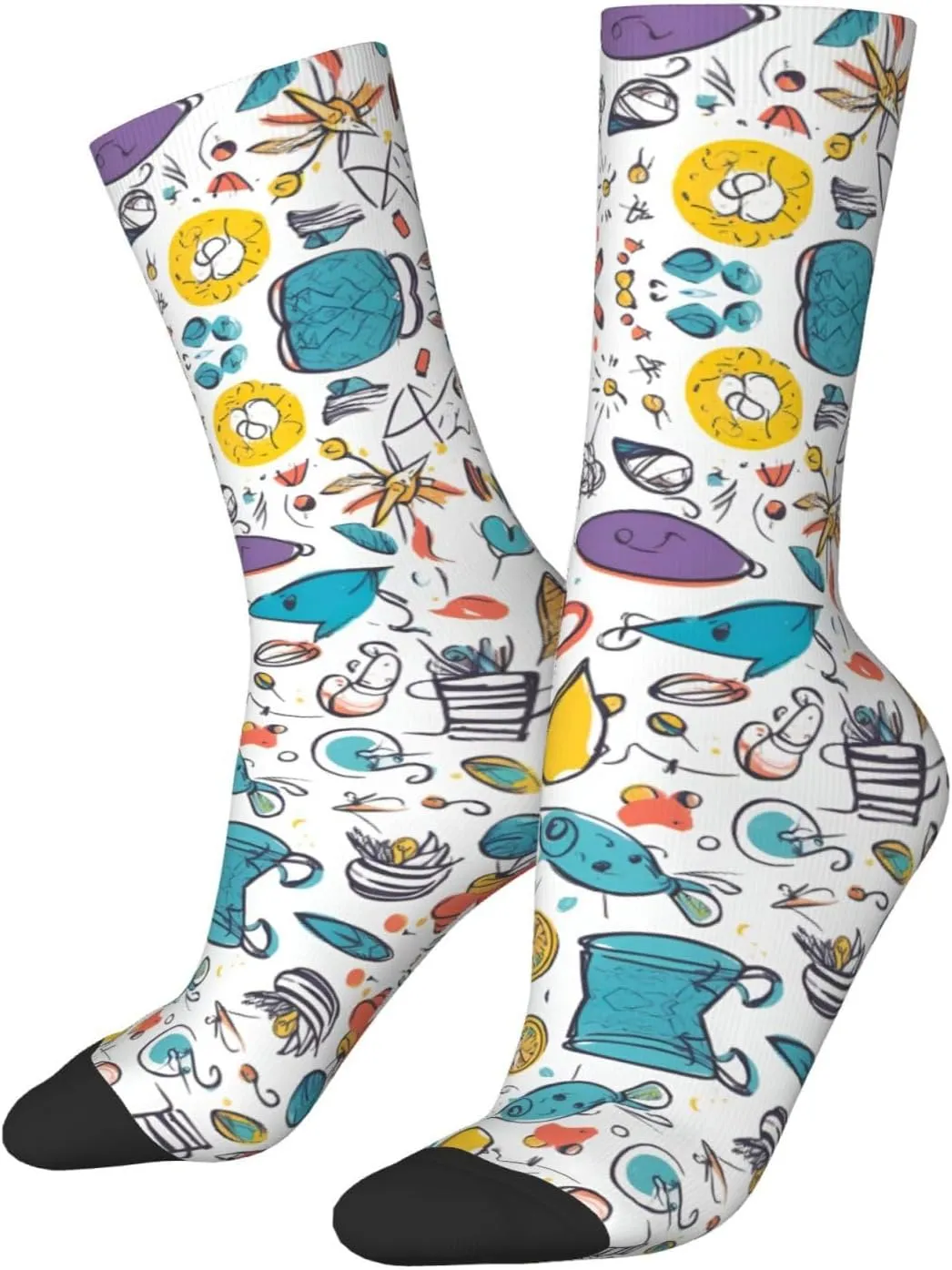 Colorful Hand Drawn Feathers On White Print Fun Socks,Novel Crazy Cool Socks,Pattern Funky Novelty Socks,Unisex Socks