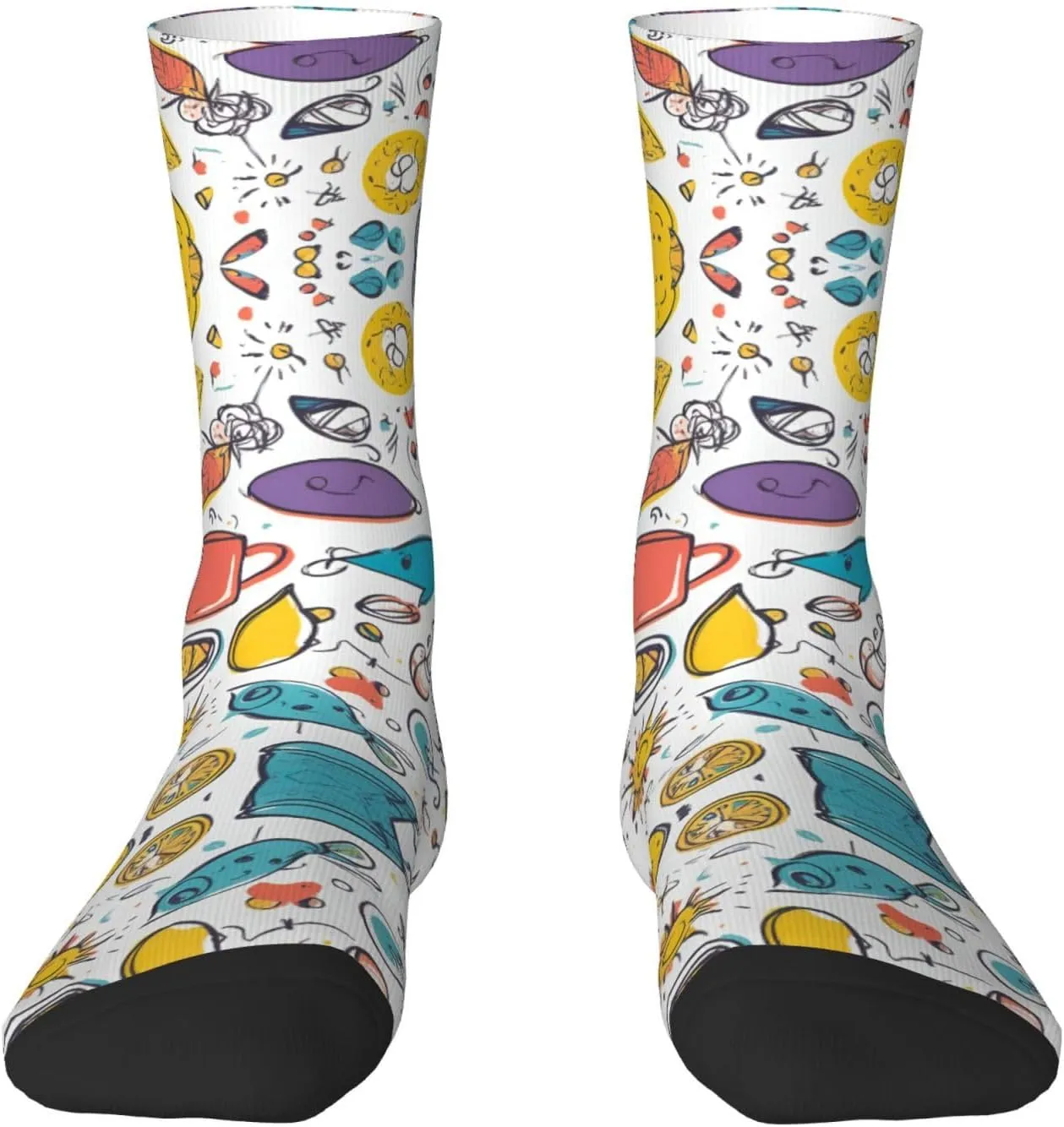 Colorful Hand Drawn Feathers On White Print Fun Socks,Novel Crazy Cool Socks,Pattern Funky Novelty Socks,Unisex Socks