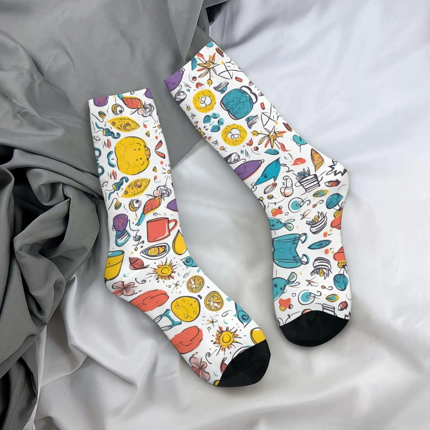 Colorful Hand Drawn Feathers On White Print Fun Socks,Novel Crazy Cool Socks,Pattern Funky Novelty Socks,Unisex Socks