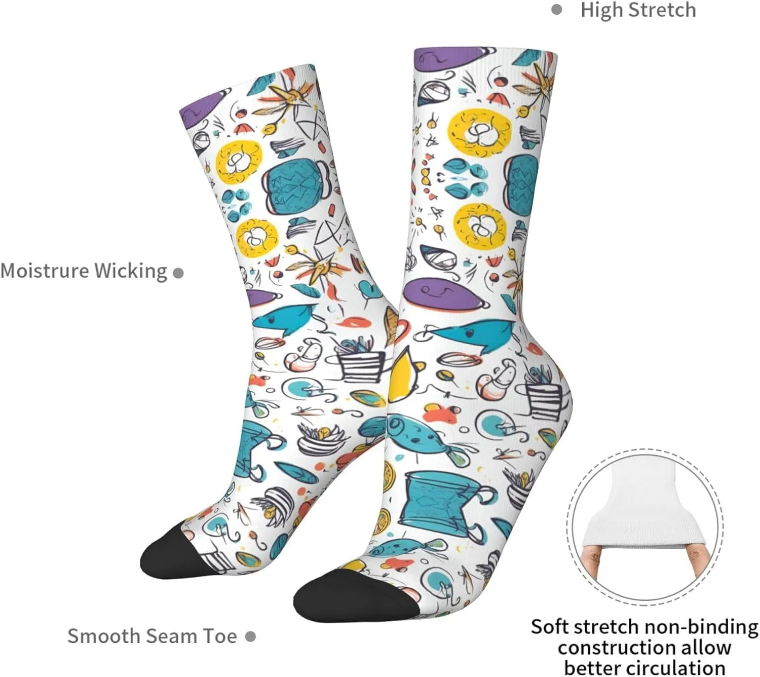 Colorful Hand Drawn Feathers On White Print Fun Socks,Novel Crazy Cool Socks,Pattern Funky Novelty Socks,Unisex Socks