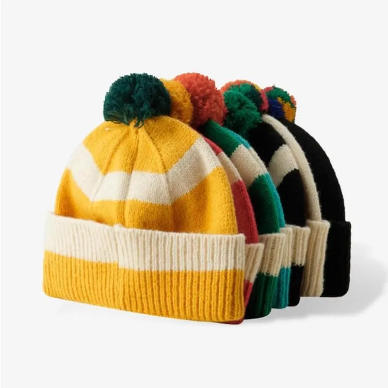 CORIRESHA Unisex Cute Striped Beanie Cuffed Winter Knit Hat with Pom Pom