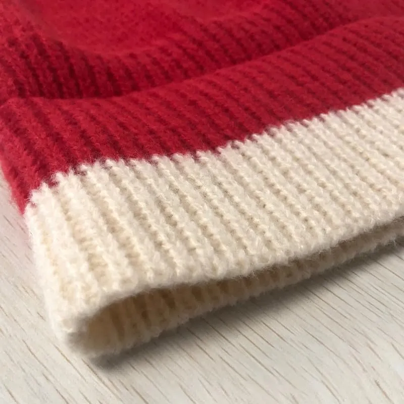 CORIRESHA Unisex Cute Striped Beanie Cuffed Winter Knit Hat with Pom Pom