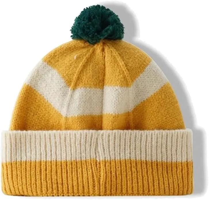 CORIRESHA Unisex Cute Striped Beanie Cuffed Winter Knit Hat with Pom Pom