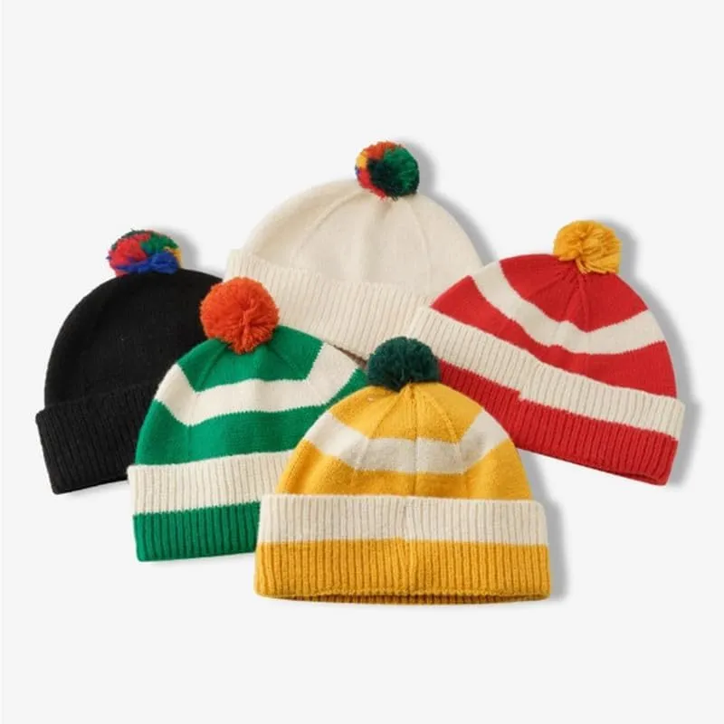 CORIRESHA Unisex Cute Striped Beanie Cuffed Winter Knit Hat with Pom Pom