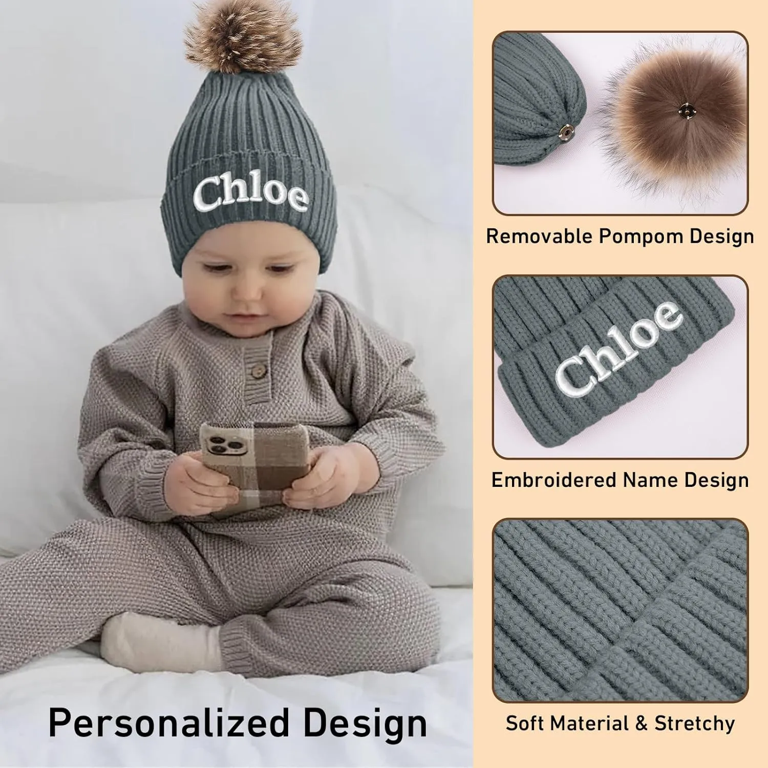 Custom Embroidered Name Winter Toddler Beanies for Boys Girls - Personalized Grey Baby Beanies for Kids Adults