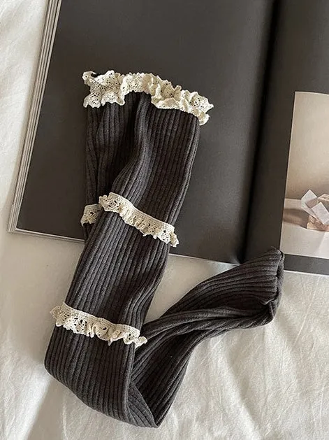 Dark Grey Sweet Ruffled Cuff Calf Socks