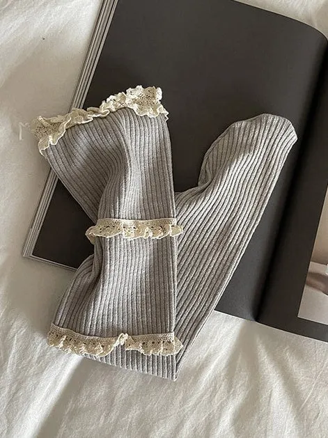 Dark Grey Sweet Ruffled Cuff Calf Socks