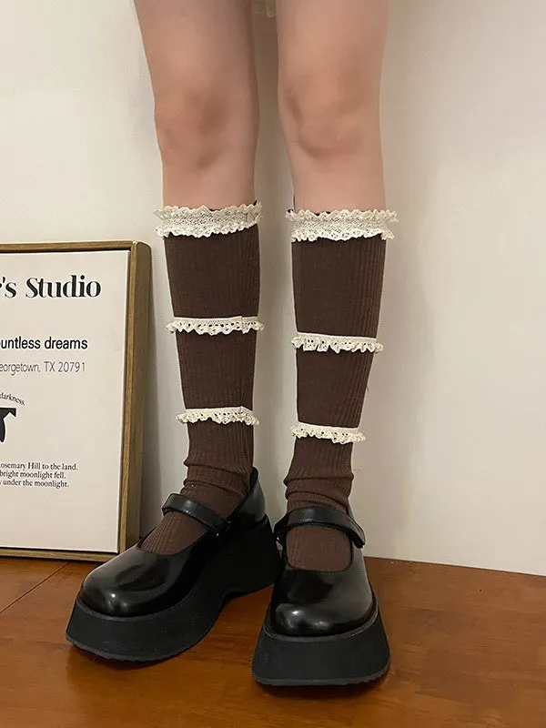 Dark Grey Sweet Ruffled Cuff Calf Socks