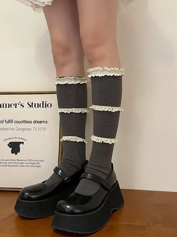 Dark Grey Sweet Ruffled Cuff Calf Socks