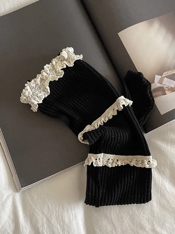 Dark Grey Sweet Ruffled Cuff Calf Socks