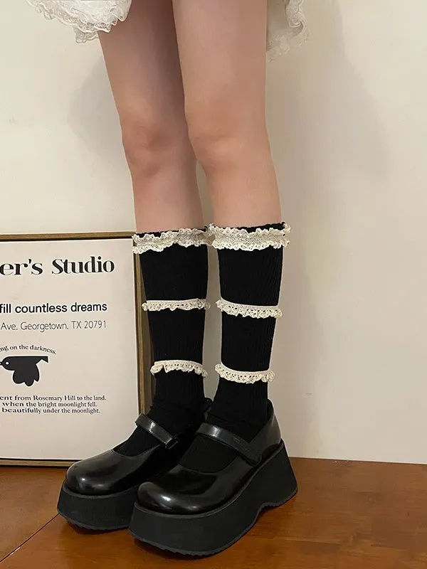 Dark Grey Sweet Ruffled Cuff Calf Socks