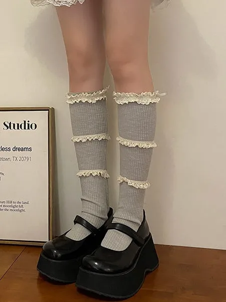 Dark Grey Sweet Ruffled Cuff Calf Socks