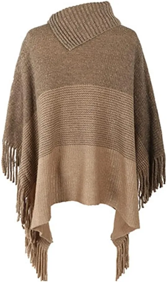 DNLKWGO Oversized Knitted Pullover Sweater Poncho Turtleneck Shawl Sweater with Fringe for Women Girls