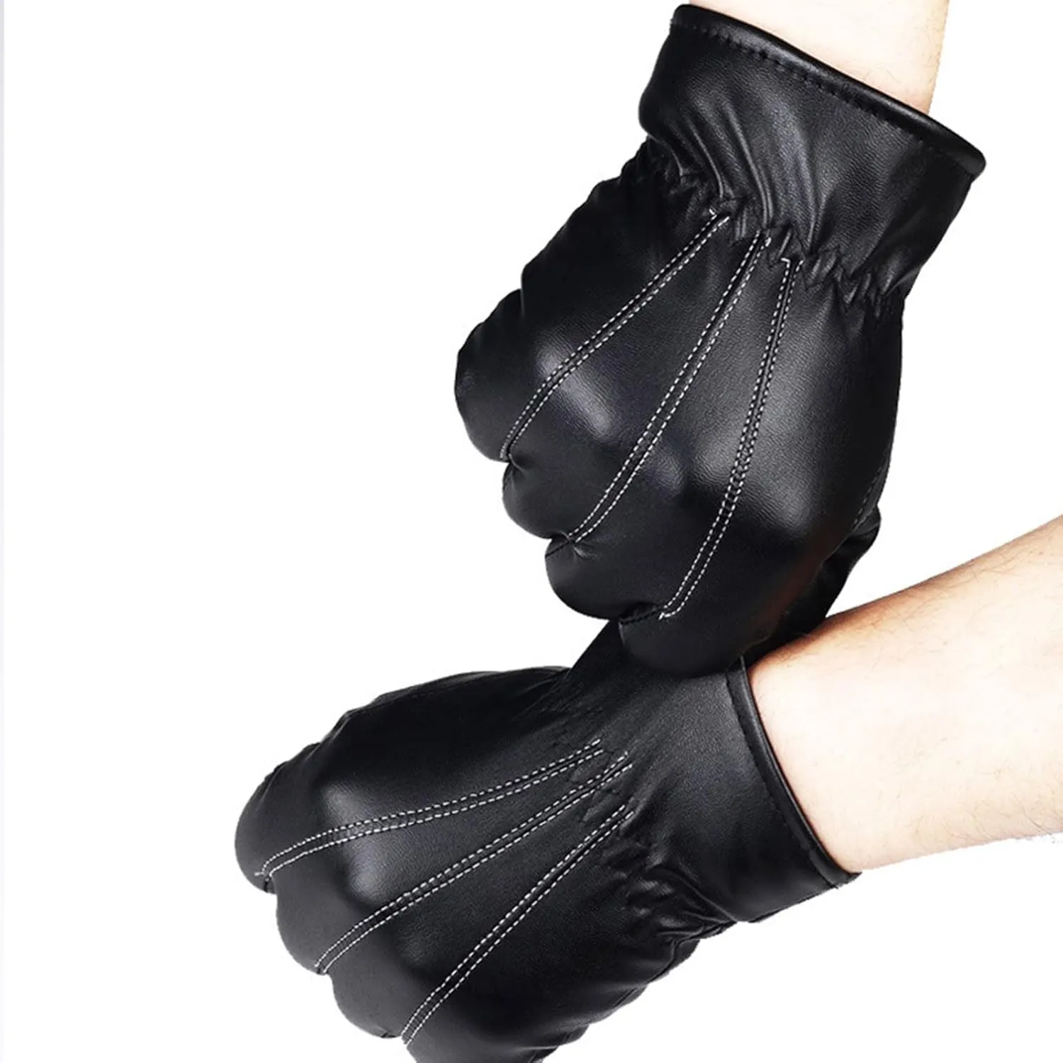 Fashion Men PU Leather Gloves Elastic Cuffs Windproof Warm Gloves Winter Driving Mittens