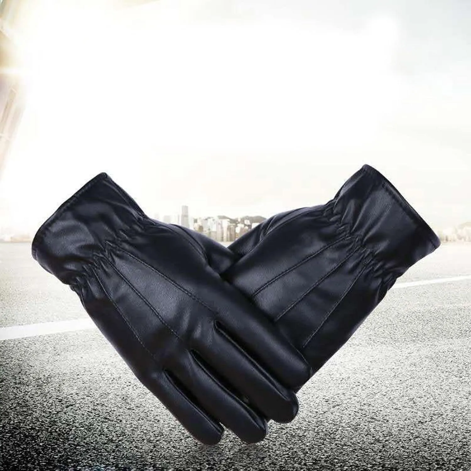 Fashion Men PU Leather Gloves Elastic Cuffs Windproof Warm Gloves Winter Driving Mittens