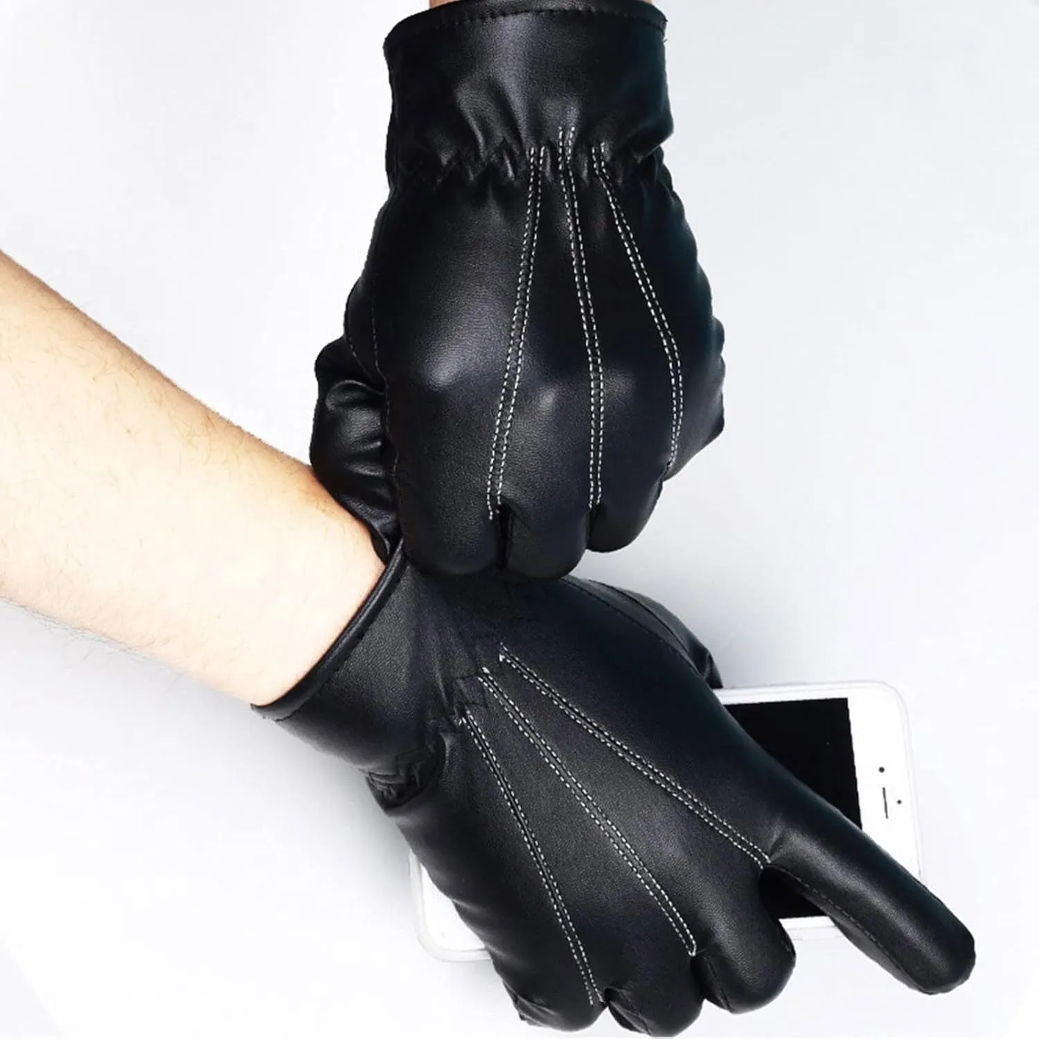 Fashion Men PU Leather Gloves Elastic Cuffs Windproof Warm Gloves Winter Driving Mittens