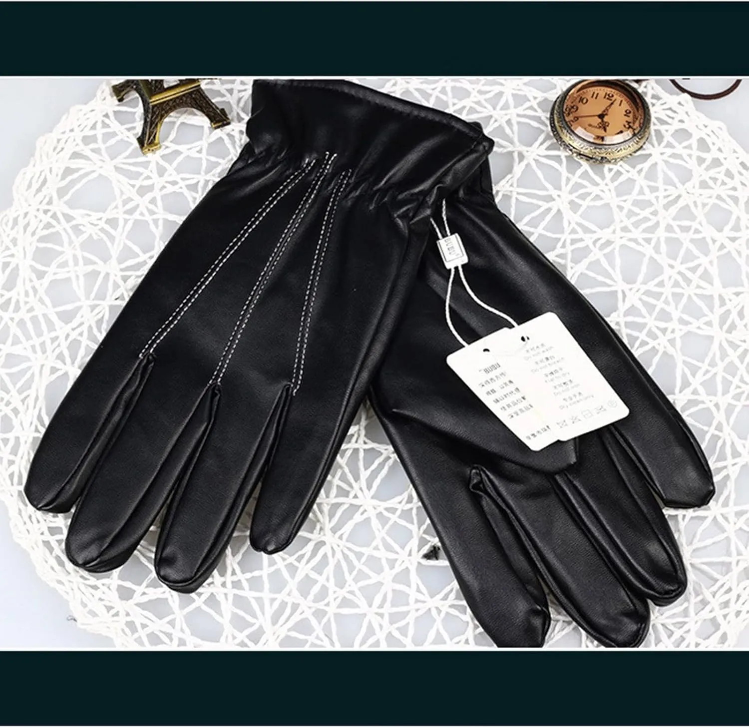 Fashion Men PU Leather Gloves Elastic Cuffs Windproof Warm Gloves Winter Driving Mittens