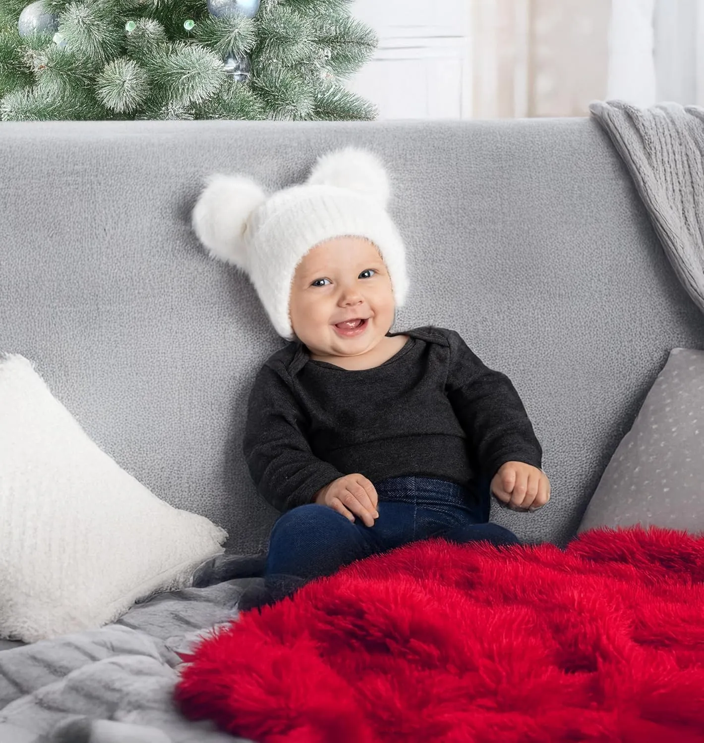 Funky Junque Baby Pom Pom Beanie, Warm Winter Hat for Infants and Toddlers, Chenille Double Pom Poms for Baby Girls & Boys