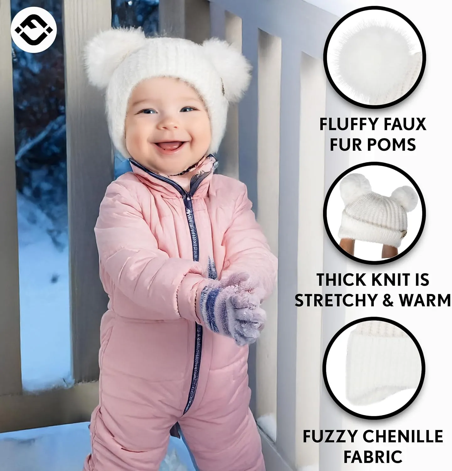 Funky Junque Baby Pom Pom Beanie, Warm Winter Hat for Infants and Toddlers, Chenille Double Pom Poms for Baby Girls & Boys