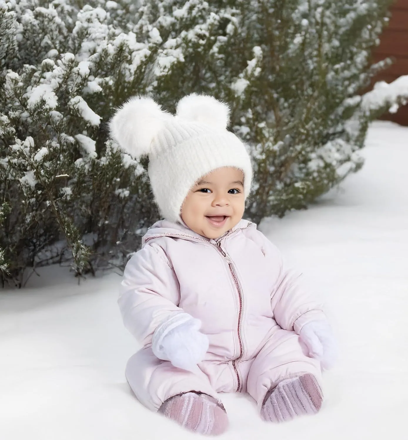 Funky Junque Baby Pom Pom Beanie, Warm Winter Hat for Infants and Toddlers, Chenille Double Pom Poms for Baby Girls & Boys