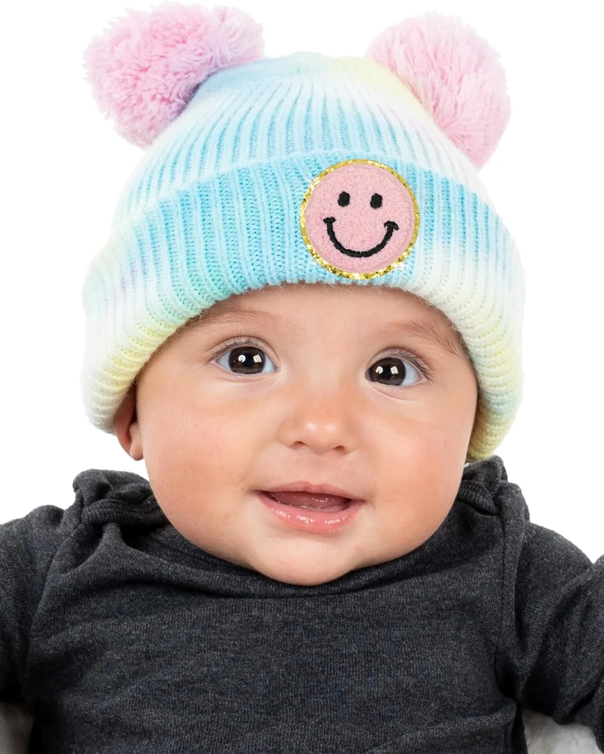 Funky Junque Newborn Winter Hat Toddler Beanie Warm Double Pom Pom Smiley Face Infant Cap Baby Girls and Boys 100% Acrylic