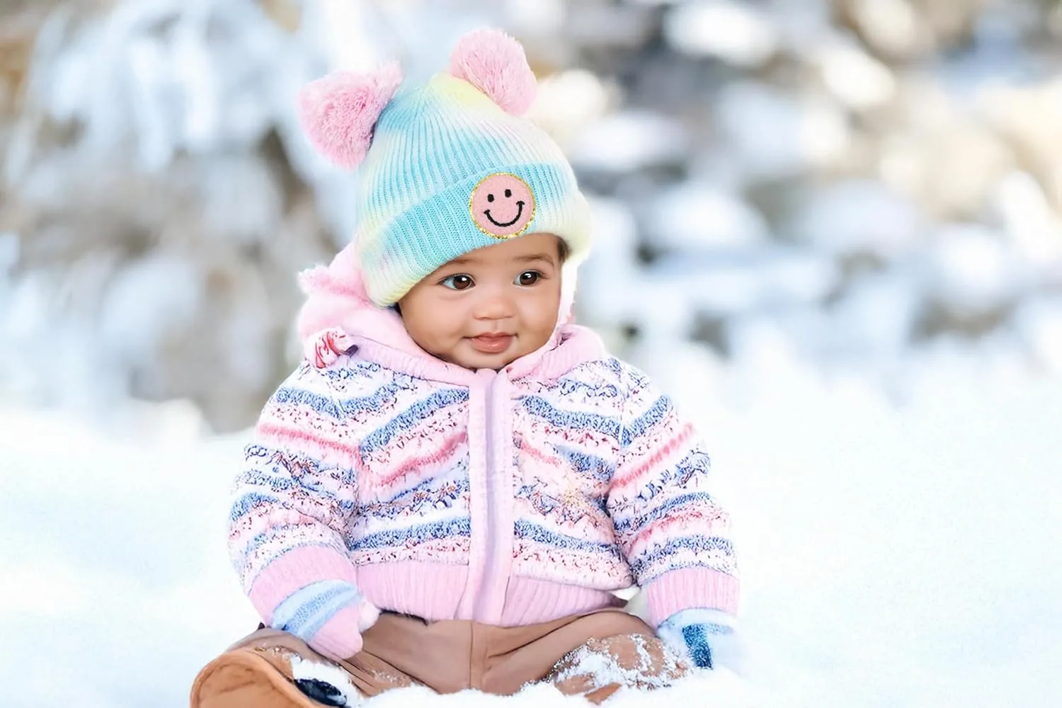 Funky Junque Newborn Winter Hat Toddler Beanie Warm Double Pom Pom Smiley Face Infant Cap Baby Girls and Boys 100% Acrylic