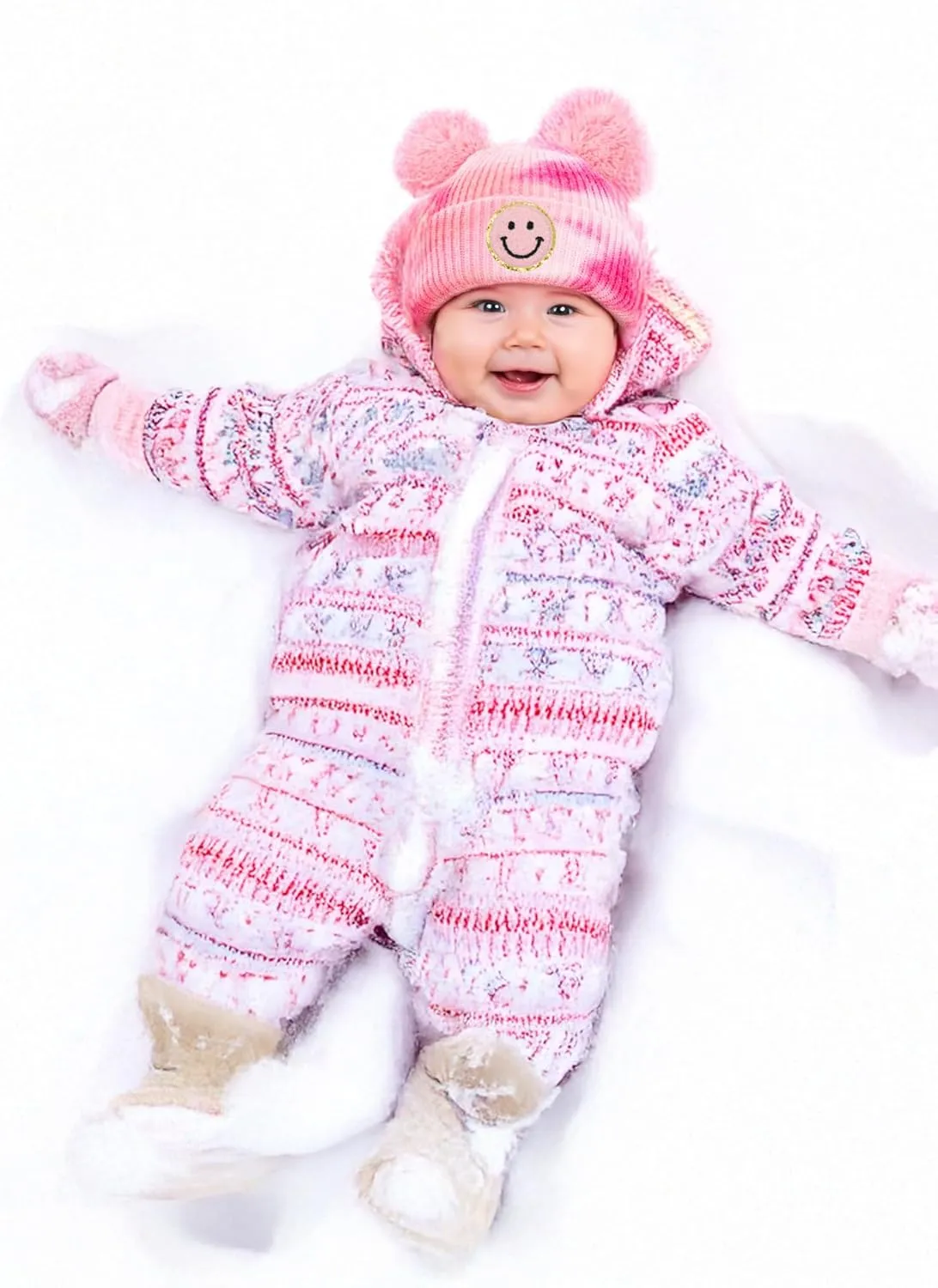 Funky Junque Newborn Winter Hat Toddler Beanie Warm Double Pom Pom Smiley Face Infant Cap Baby Girls and Boys 100% Acrylic