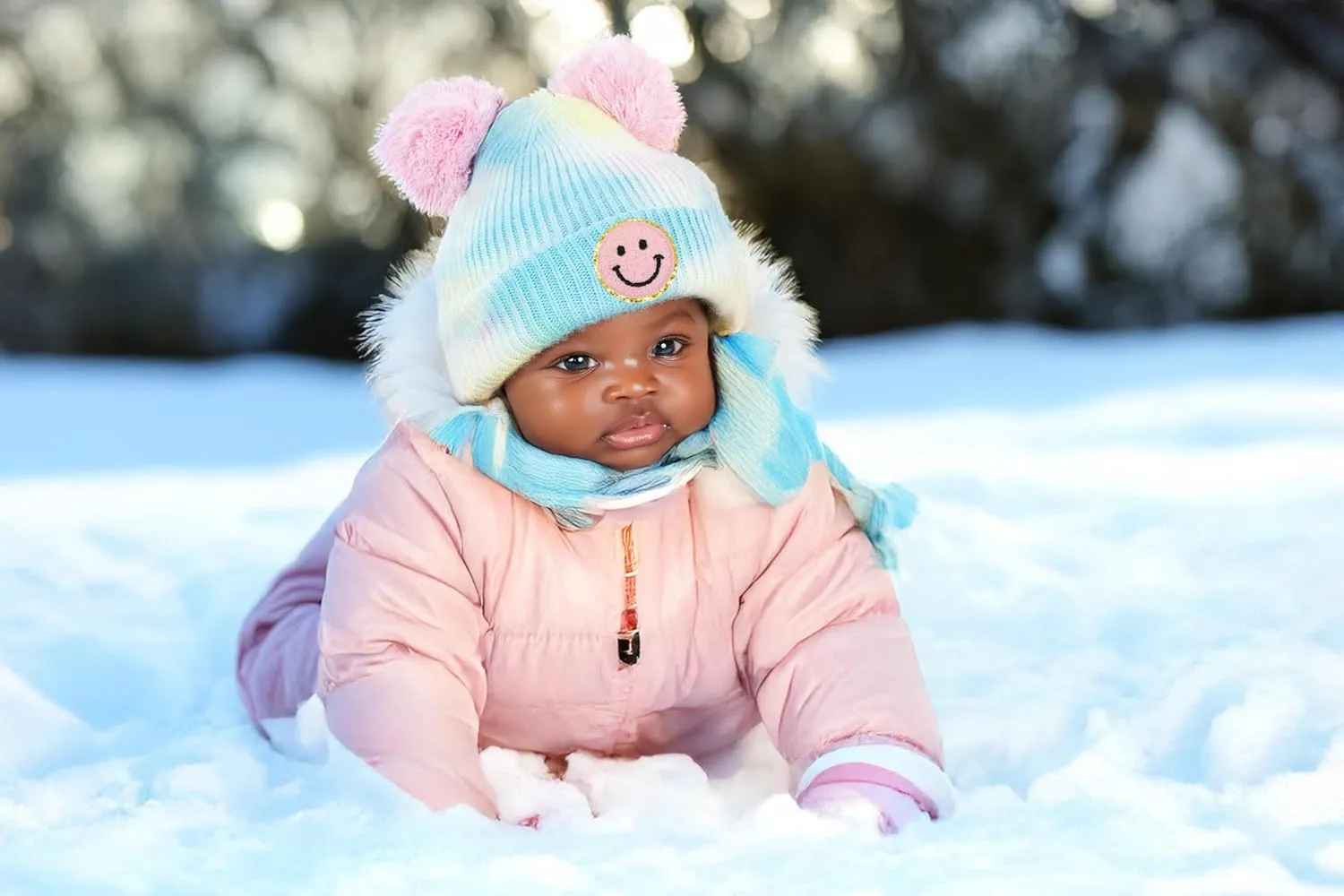 Funky Junque Newborn Winter Hat Toddler Beanie Warm Double Pom Pom Smiley Face Infant Cap Baby Girls and Boys 100% Acrylic