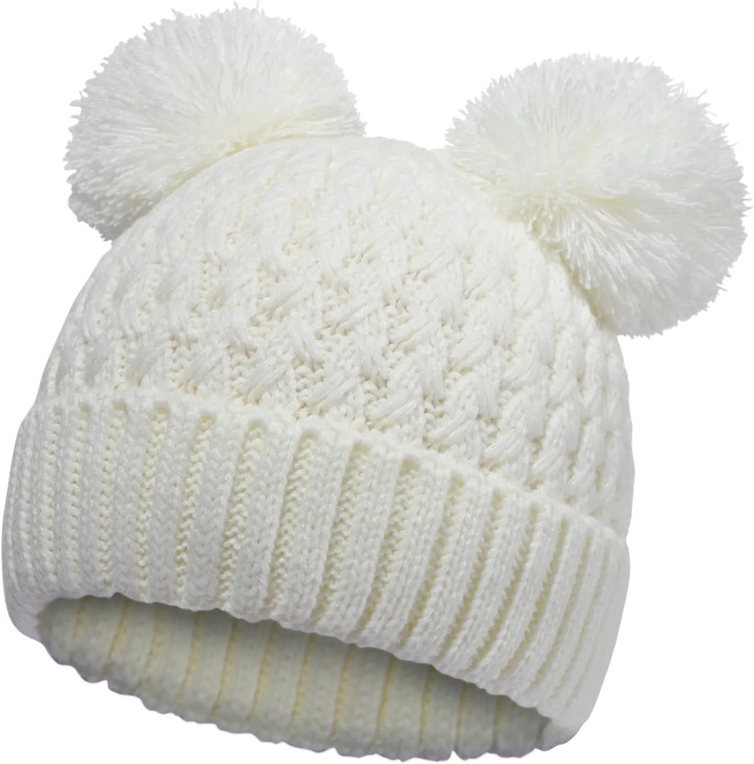 Girls Winter Hat Kids Warm Knitted Beanie with Double Pom Pom Elastic Knit Skull Ski Cap for Boy Girl 7-12 Years