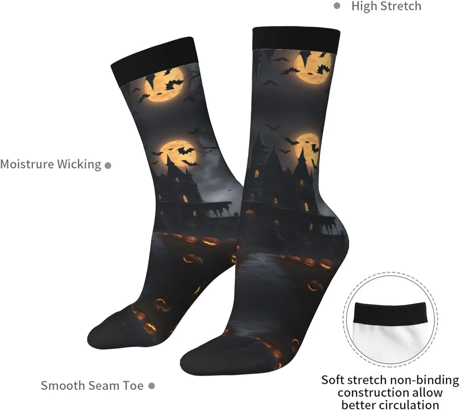 Halloween Goth Print Fun Contrast Socks,Novel Crazy Cool Socks,Pattern Funky Novelty Socks,Unisex Bulk Socks